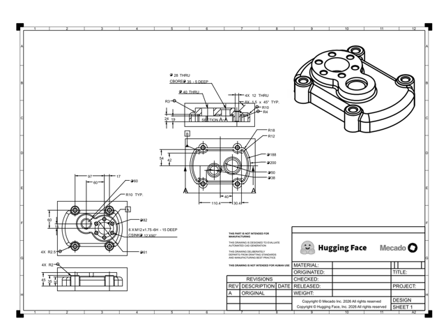 A dimensioned engineering drawing turned into a machined CAD part