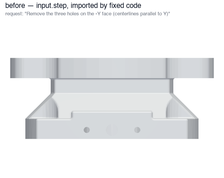 Before and after: three holes removed from an imported STEP file